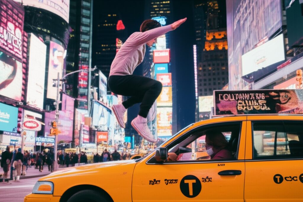Adrenalina Pura: O Desafio de Saltar Táxis na Icônica Times Square, Nova York